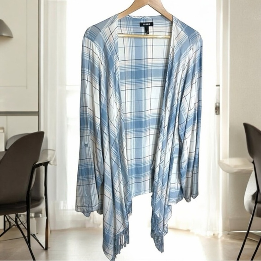 Torrid Blue/White Plaid Shirt‎ Jacket Cardigan with Fringe